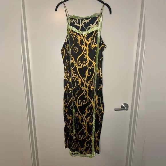 NWT Ganni Black Panel Ruffle Slip Dress, 36, green trim gold chain print - Picture 9 of 12